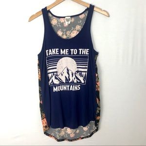 Take Me to the Mountains Blue and Floral Top NWOT